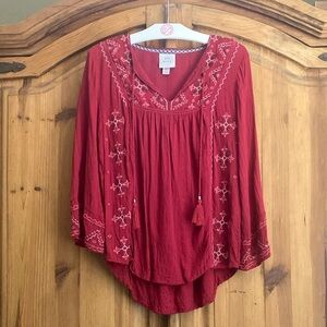 Knox Rose Crimson Boho Top with Embroidery
